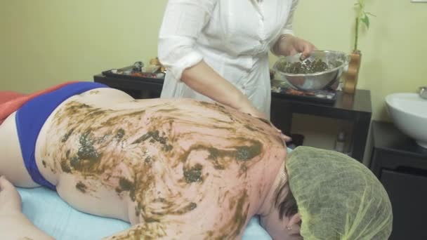 Kosmetikerin schmiert präparierte Algen auf Frau zurück in Schönheitssalon. Gesundheit — Stockvideo