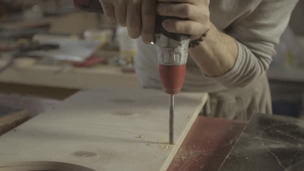Trabajador profesional de la madera perfora agujeros en tablero de madera pulida por taladro . — Vídeos de Stock