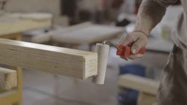 Bordo de envernizamento de carpinteiro de placa de madeira por rolo de pintura. Processo de tratamento — Vídeo de Stock