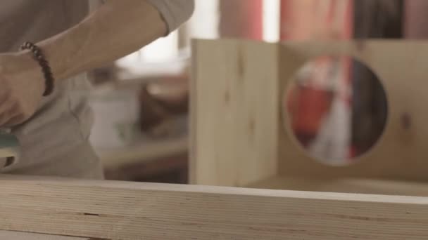 Proceso carpintero de tablero de madera por lijadora de cinturón. Avanzar y retroceder — Vídeo de stock