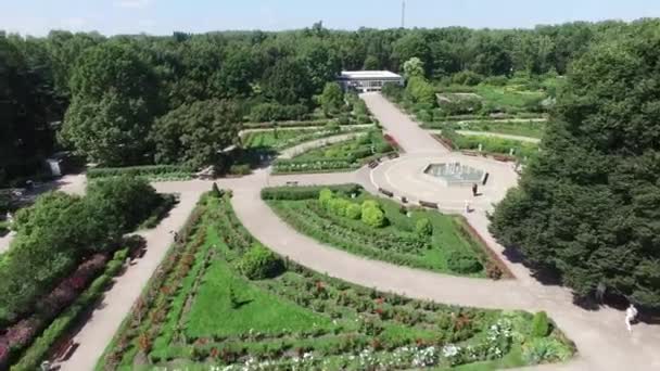 Quadrocopter disparar hermoso jardín de verano verde con macizos de flores y fuente en el centro. Día soleado — Vídeo de stock