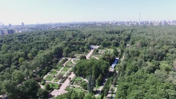 Quadrocopter disparar panorama hermoso jardín de verano verde con fuente en el centro. Soleado. Paisaje urbano — Vídeos de Stock