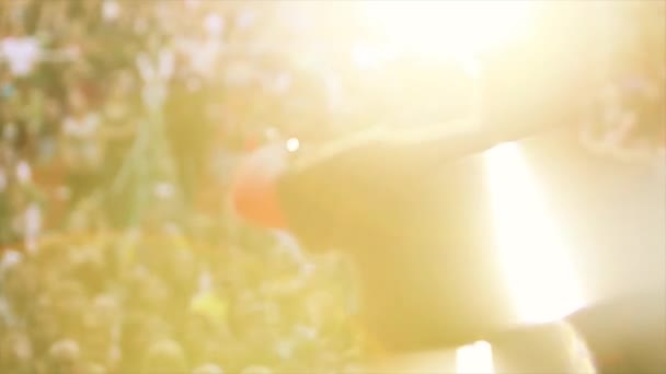 Face arrière de la silhouette homme dans les rayons du soleil chantant au microphone sur scène. Concert en direct. Main ondulée — Video