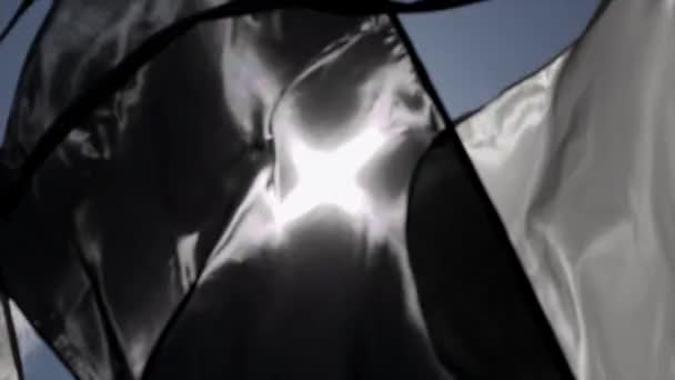 Черно-белые флаги, развевающиеся от ветра в летний солнечный день. Фестиваль. Солнечные лучи — стоковое видео