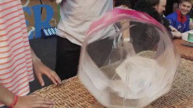 Saint Petersburg, Rusya - 4 Haziran 2016: Adam mikrofon döndürme piyango kutusuyla. Kız almak kupon. Alışveriş Merkezi.