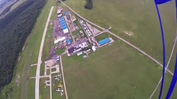 Skydiver volare sul paracadute sopra campo verde. Altitudine. Giornata estiva. Sport estremi — Video Stock