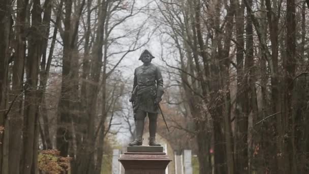 SAN PETERSBURGO, RUSIA - 27 DE OCTUBRE DE 2013: Vista del monumento a Pedro Magno en la Reserva del Museo Estatal Peterhof. Día de otoño. Parque — Vídeo de stock