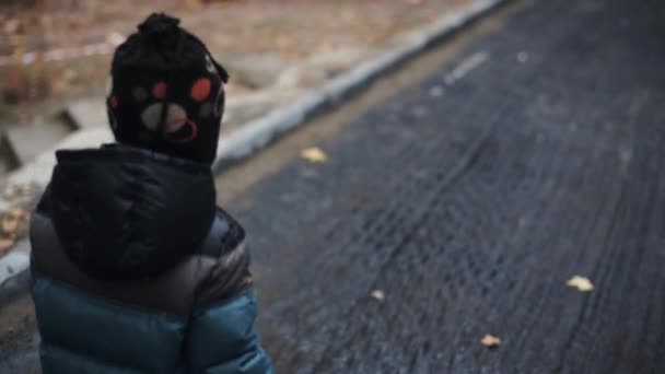 Child walk in autumn park with brush in hands. Yellow, gold maple leaf on ground — Stock Video