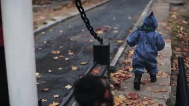 Dos niños pequeños corren en el parque de otoño. Hoja de arce amarillo, rojo, dorado bajo los pies . — Vídeo de stock