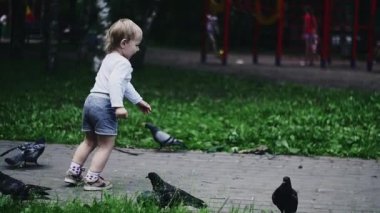 Yaz parkında oyun parkında koşan sarışın küçük çocuk. Çocukluk. Uçan güvercinler