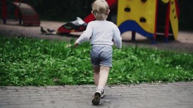 Yaz parkında oyun parkında koşan sarışın küçük çocuk güvercinleri korkutuyor. Çocukluk.