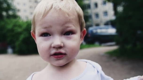 Porträt eines kleinen Jungen auf einem Spielplatz an einem Sommertag. Glück. Kindheit. — Stockvideo