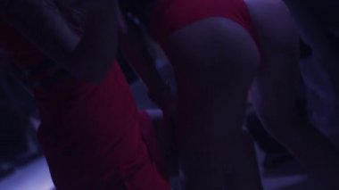 Pikap gece kulübünde DJ kız ve mc kız dans. Dalga ganimet. Aydınlatmaları