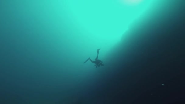 Mergulhador nadando debaixo d 'água. Bela água do mar. Profundidade. Mergulho. Parte inferior — Vídeo de Stock