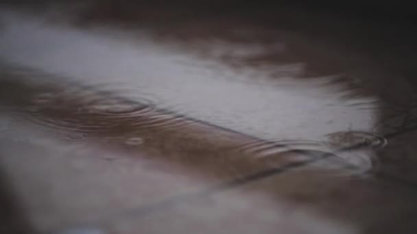 Gotas de lluvia llovizna caen sobre azulejo beige del porche, que refleja el cielo gris . — Vídeos de Stock