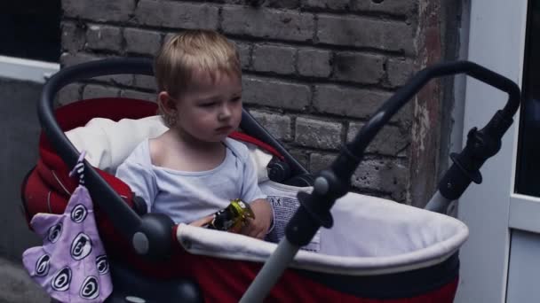 Мальчик играет с игрушкой в детской коляске на улице. Летняя прогулка. Ребёнок — стоковое видео