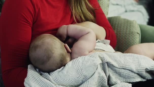 Joven madre con camisa roja amamantando a su bebé con una toalla. Maternidad. Niño. — Vídeo de stock