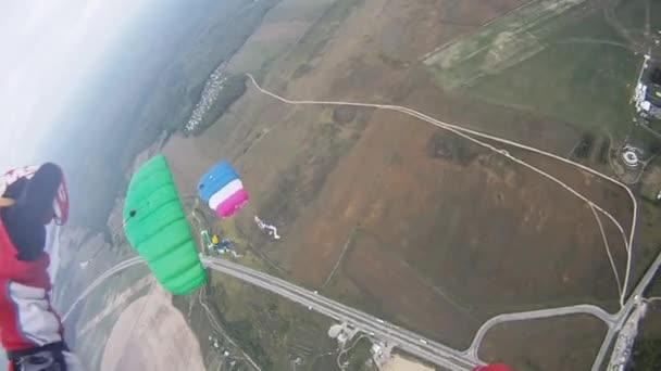 Os mergulhadores voam no céu acima do solo. Pára-quedas coloridos. Extremo. Profissionais . — Vídeo de Stock