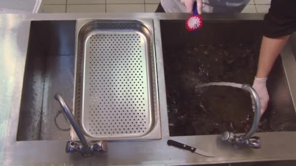 Cozinhe em luvas lavando mexilhões crus abaixo do jato de água na pia. O Colander. Escova. Cozinha. Limpeza — Vídeo de Stock