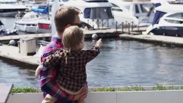 Отец держит маленького сына, показывая что-то пальцем на берегу. Семья. Летний день . — стоковое видео