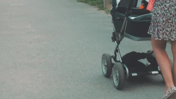 Baksidan mamma med barnvagn promenad på vägen. Moderskap. Modern byggnad — Stockvideo