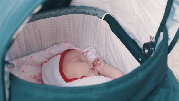 Lilla söta bebis sover i barnvagn på gatan under promenad. Sommardag. — Stockvideo