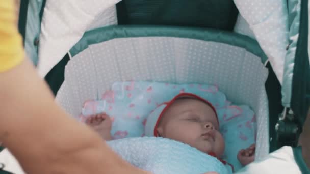 Les jeunes parents regardent bébé en calèche sur le banc. La famille. Soin. Le bonheur . — Video