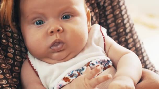 Mère s'assoit avec un petit bébé mignon sur les mains. Bébé a les yeux bleus et regarder dans la caméra — Video