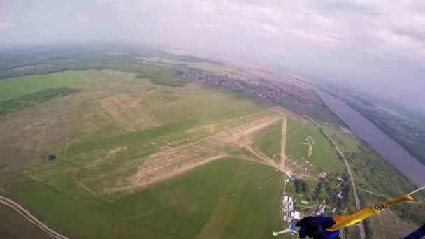 O skydiver profissional voa no céu acima dos campos verdes. Dia ensolarado. Extremo. Cenário — Vídeo de Stock