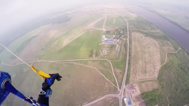 Профессиональный парашютист летает над зеленой равниной. Саммер. Пейзаж. Экстремальное хобби — стоковое видео