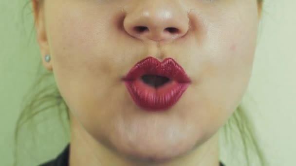 Visão de mulher com pomade vermelho nos lábios pronunciar palavras na câmera frontal. Boca . — Vídeo de Stock