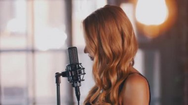 Parlak makyaj oldukça caz vokalisti gerçekleştirmek sahnede konser mikrofon