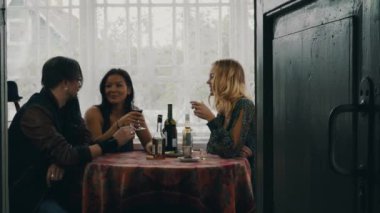 İki kız ve adam masada sohbet. Kır evi terasta alkol.