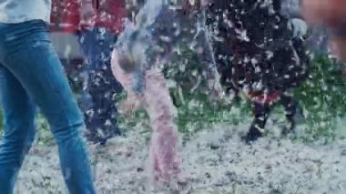 Çocuklar yastıklar ülke evin bahçesinde kavga. Tüyleri ile oynamak. Mutluluk.