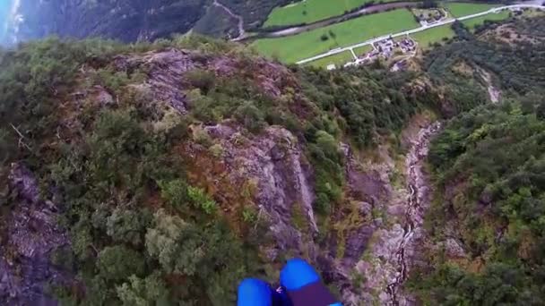 プロのスカイダイバーが緑の木々 に覆われた山の上のパラシュートします。風景 — ストック動画