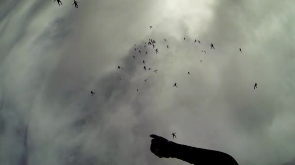 Paracaidistas cayendo en el cielo gris. Haciendo una formación enorme. Extremadamente. Altura. Nubes . — Vídeo de stock