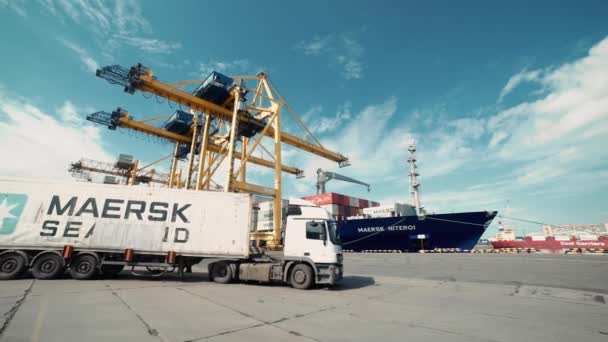 La grúa portuaria sumerge los contenedores de carga en el barco. — Vídeo de stock