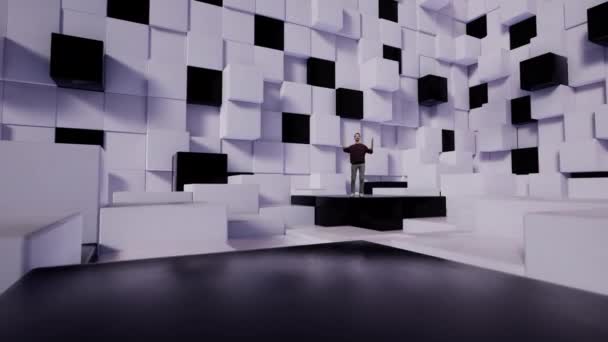 Man presents mobile application for a smartphone in a virtual white studio — Video Stock