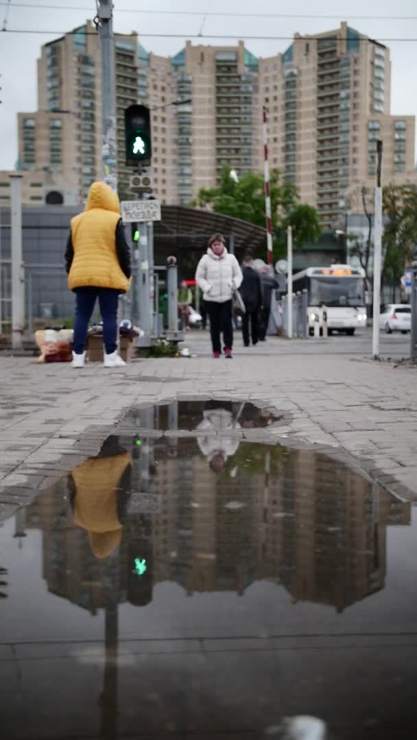 Οι άνθρωποι περπατούν στο δρόμο με νεφελώδη βροχερό καιρό, παρακάμπτοντας μια μεγάλη λιμνούλα — Αρχείο Βίντεο