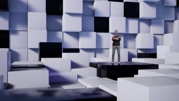 Телеведущий в виртуальной студии новостей с белыми и черными кубиками. — стоковое видео