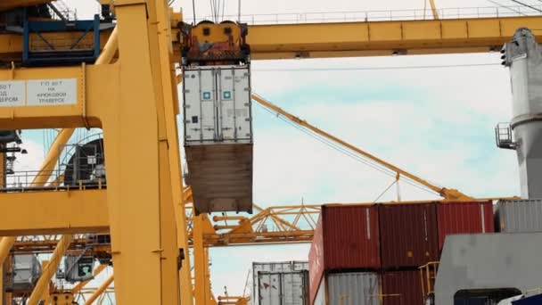 Grúa enorme en el muelle para cargar mercancías en el barco — Vídeo de stock