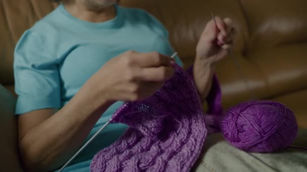 Elderly caucasian woman knits purple scarf and uses laptop to video conference. — Stock Video