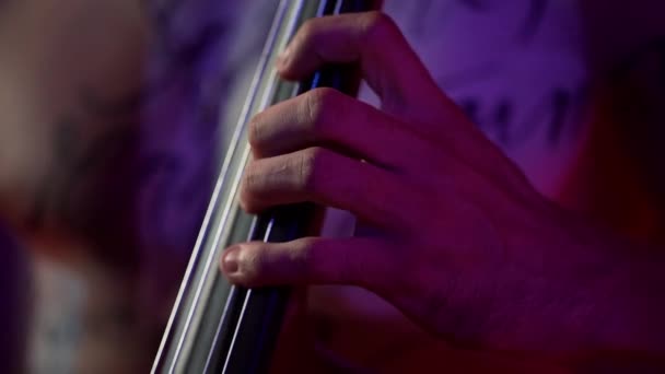 Close-up van een mans hand die cello speelt. — Stockvideo