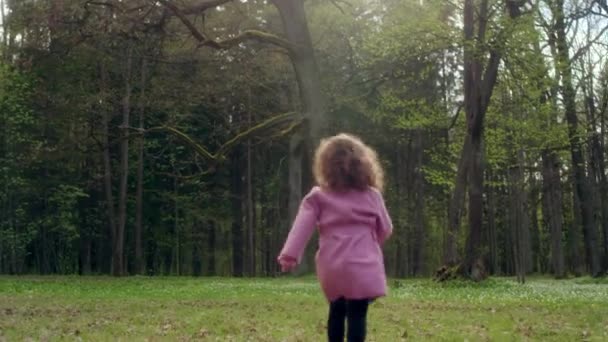 분홍색 외투를 입은 두 소녀가 큰 나무 사이에 있는 숲 속의 유리를 뚫고 지나고 있다 — 비디오