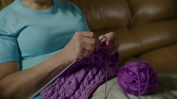 Elderly caucasian woman knits purple scarf and uses laptop to video conference. — Stock Video