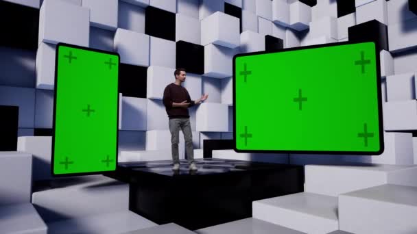 Tv presentator in virtuele studio nieuws met witte en zwarte kubussen. — Stockvideo
