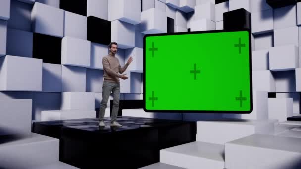 电视主播在虚拟演播室新闻与白色和黑色立方体. — 图库视频影像