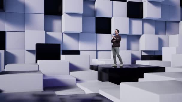 Tv presenter in virtual studio news with white and black cubes. — Stock Video