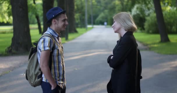 Pelea de amantes. Se paran en el parque y juran . — Vídeos de Stock