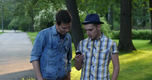 Dois amigos encontraram-se no parque. Eles discutem as fotos no telefone . — Vídeo de Stock